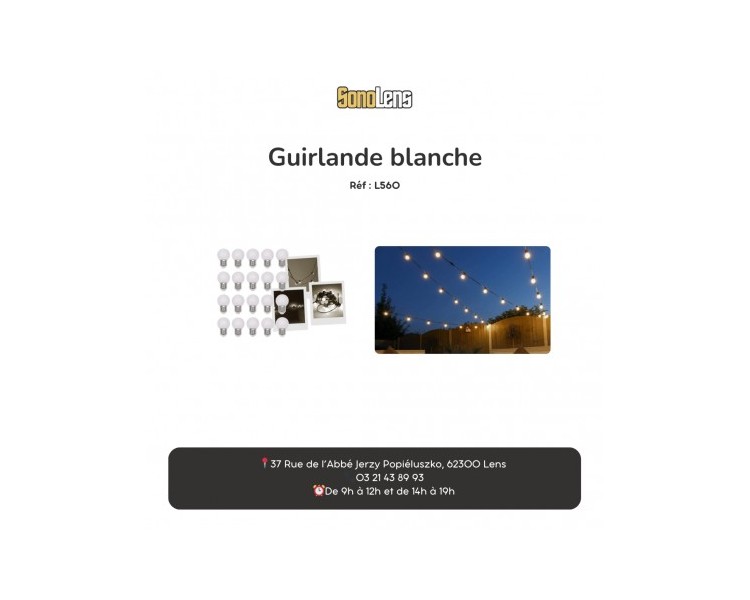 Location guirlande / guinguette blanche 10m intérieur et extérieur